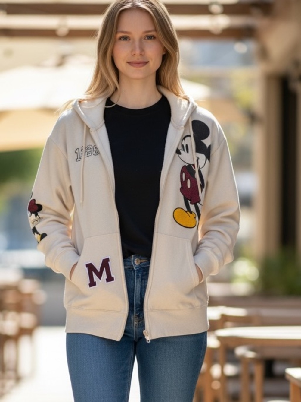 Disney Mickey Mouse Ivory Varsity Zip Up Hoodie Medium 1928 Minnie Pluto Patches